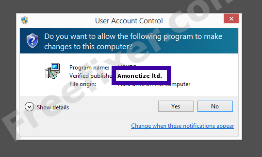 Screenshot where Amonetize ltd. appears as the verified publisher in the UAC dialog